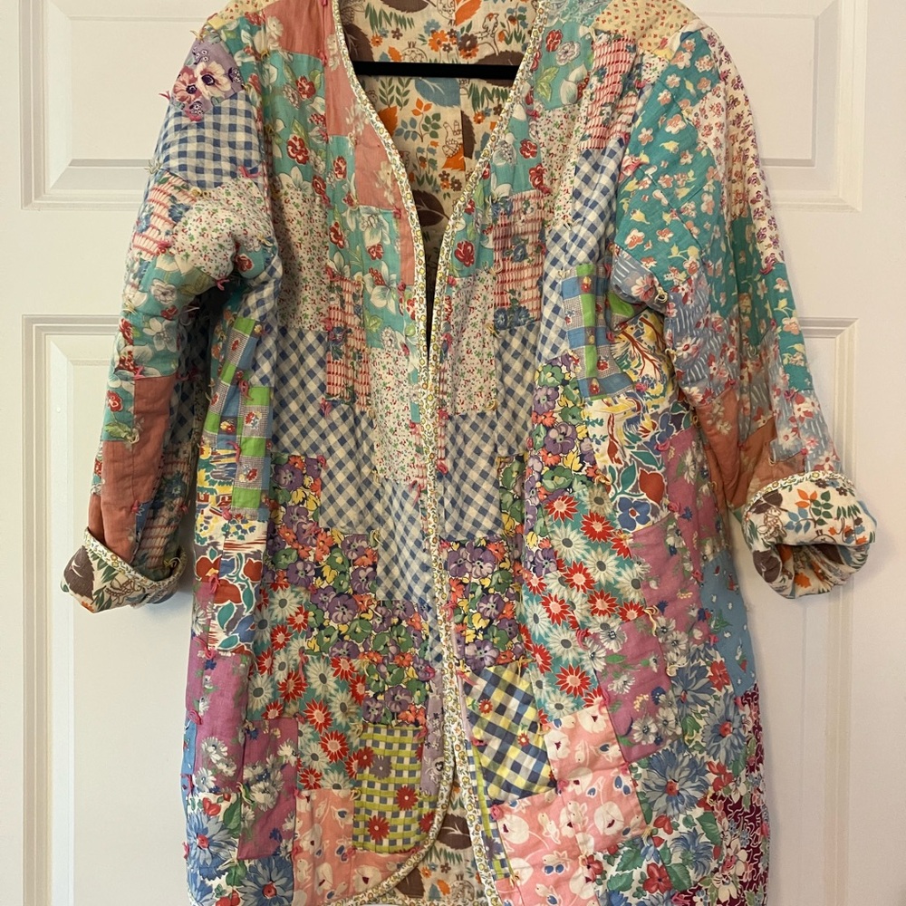Vintage quilt coat patchwork quilted jacket medium antique
